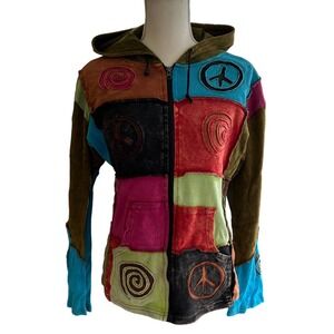 KPC Patchwork Hoodie‎ Peace Sign Festival Hippie Jacket Colorful Boho Coat